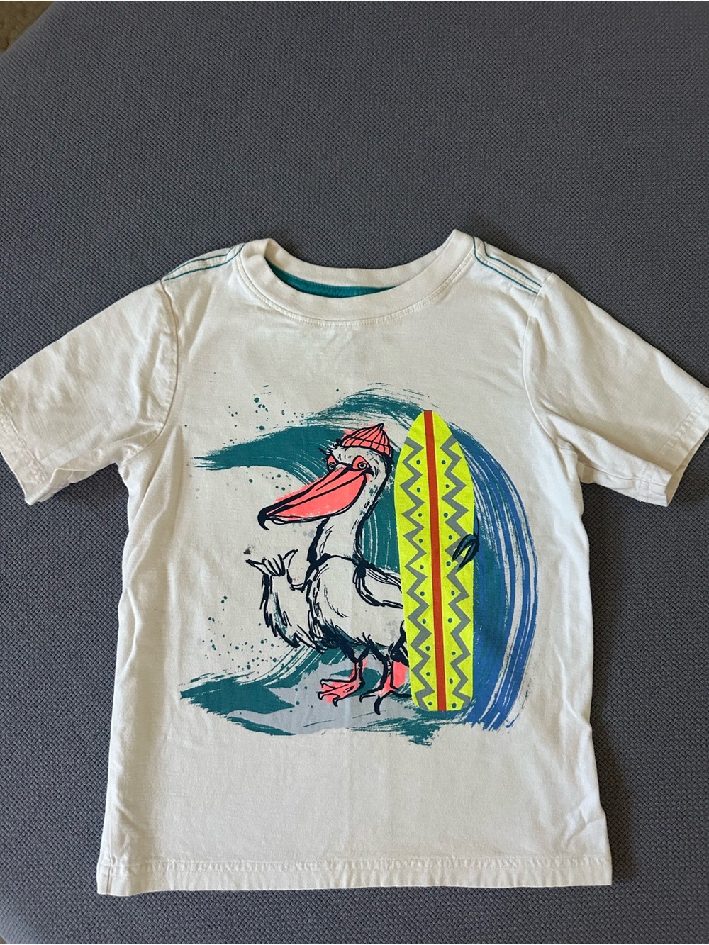 Tea Collection White Tee with Neon Yellow Surfboard Pelican Graphic- Sz 6